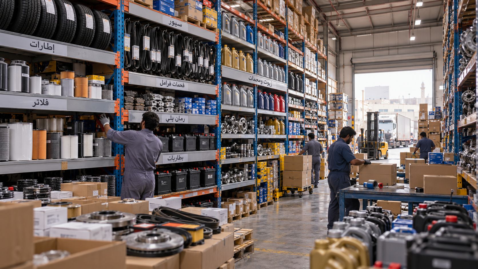 Automotive parts distribution warehouse in Saudi Arabia with racked tyres, filters, belts, batteries and lubricants, and staff packing orders