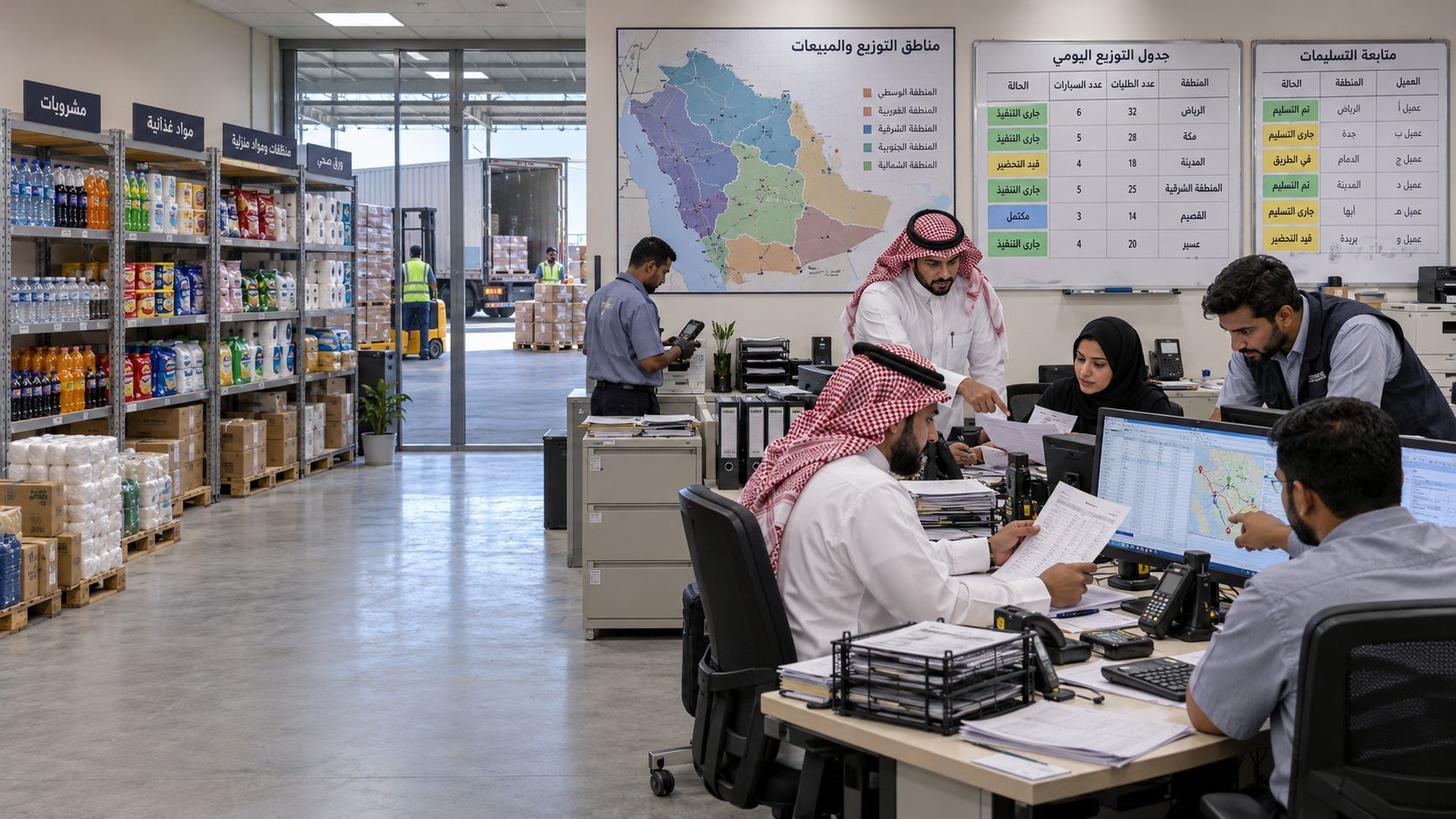 Saudi distributor sales office with a map of the Kingdom's regions and daily dispatch boards for Riyadh, Makkah, Madinah and the Eastern Province